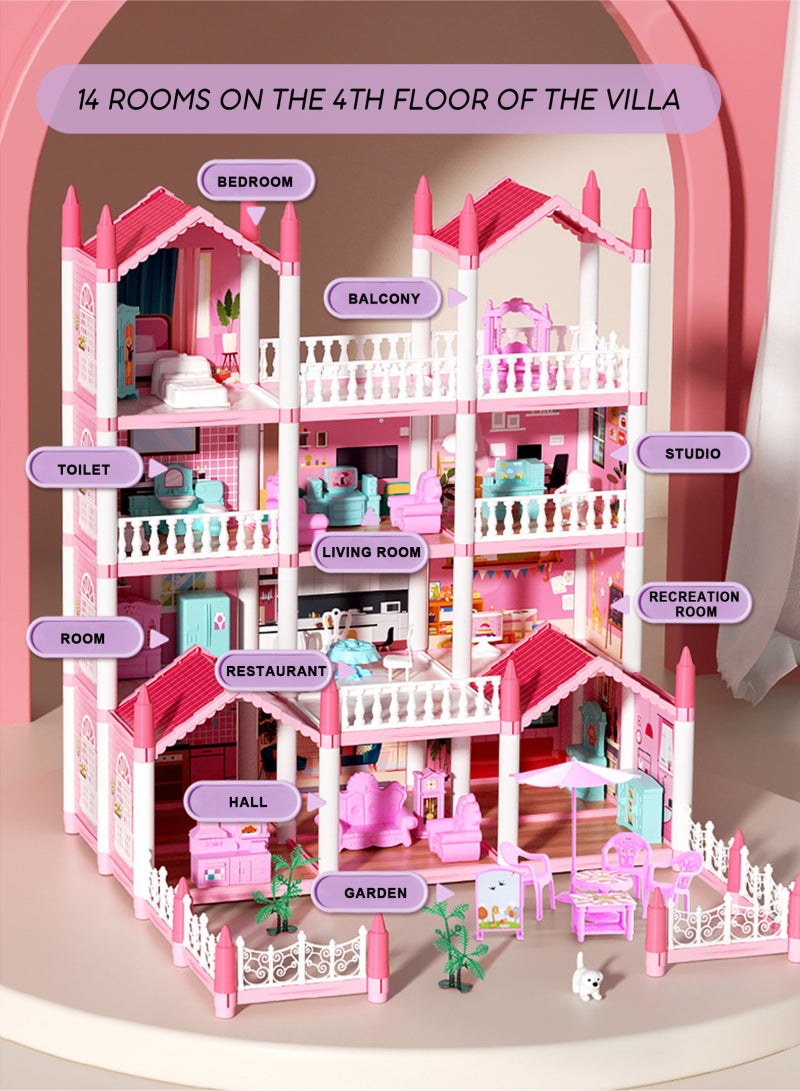 URbazaar Castle Doll House Dreamhome, 4-Story 14 Rooms Dollhouse Playhouse with Doll and Furniture, Pretend Dream Dollhouse Playset Pink Girl Toys, Sturdy Construction, Easy to Move, Ideal Gift Toy - Image 3